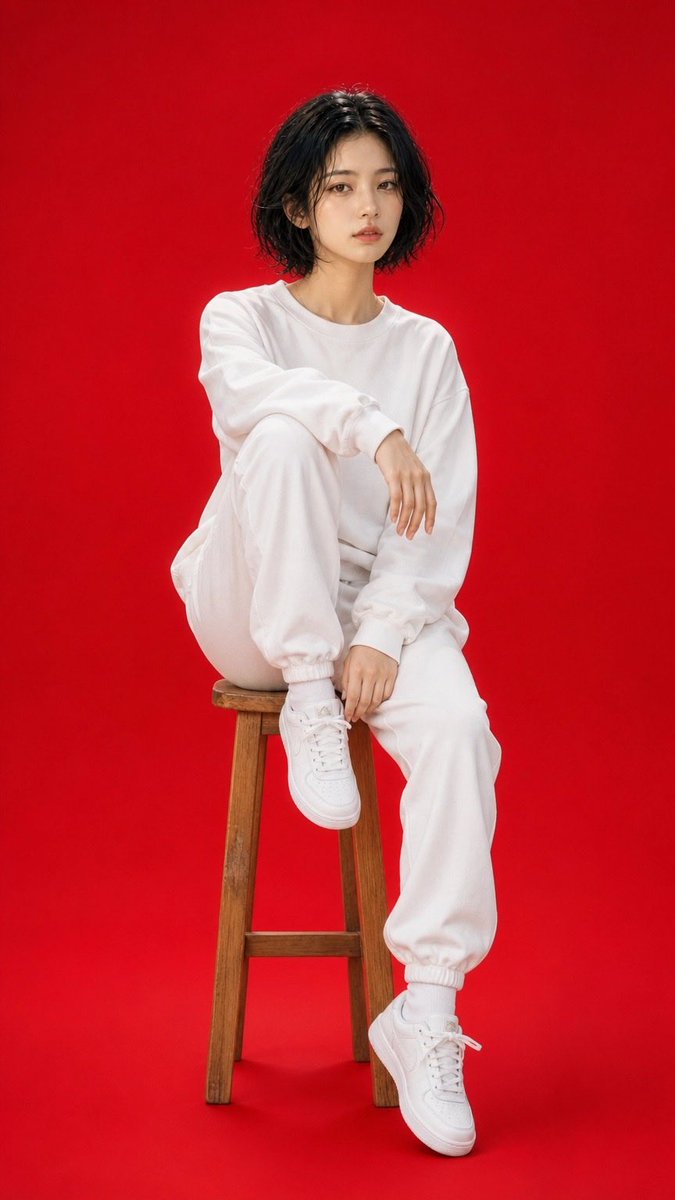 极简高级时装工作室人像:一位年轻女性,留着短款波浪黑色波波头,随意地坐在一把质朴的木凳上,背景是无缝拼接的鲜艳红色。她身穿超大白色卫衣、白色慢…, 图片 1