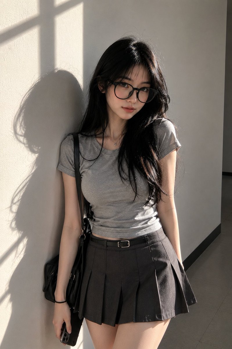 超写实的抓拍肖像：一位年轻东亚女性，在傍晚阳光下背靠一面倒干净的浅灰色教室墙壁站立。保持自然的面部外观——轮廓柔和的鹅蛋脸、柔和的下颌线、逼真…, 图片 1