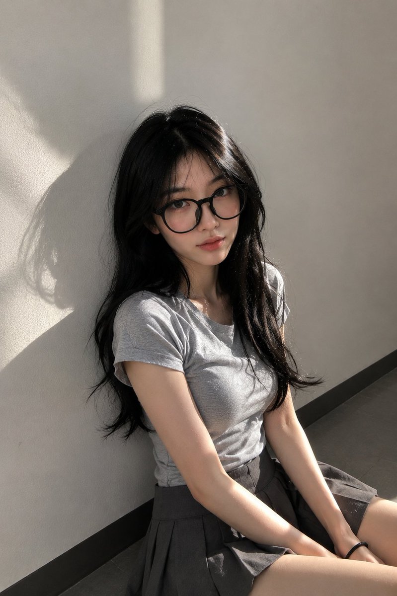 超写实的抓拍肖像：一位年轻东亚女性，在傍晚阳光下背靠一面倒干净的浅灰色教室墙壁站立。保持自然的面部外观——轮廓柔和的鹅蛋脸、柔和的下颌线、逼真…, 图片 3