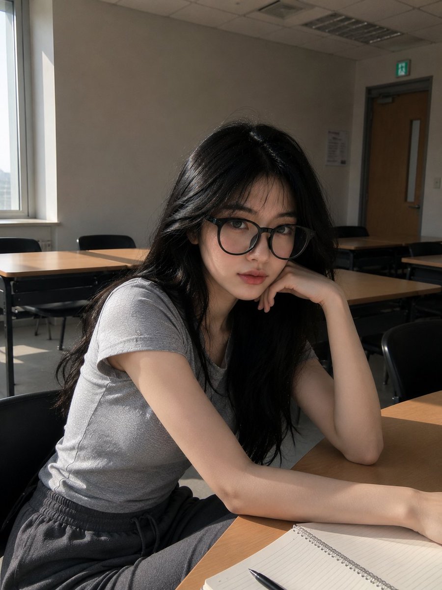 超写实的抓拍肖像：一位年轻东亚女性，在傍晚阳光下背靠一面倒干净的浅灰色教室墙壁站立。保持自然的面部外观——轮廓柔和的鹅蛋脸、柔和的下颌线、逼真…, 图片 4