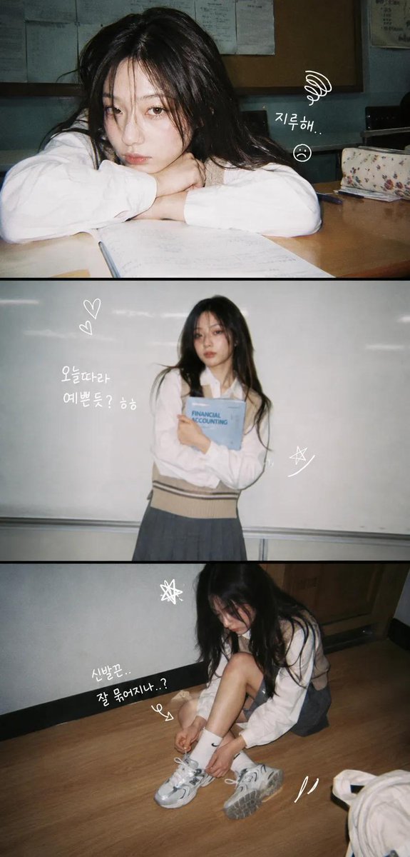 一张竖版三宫格的大学照片条。主角是一位长发女孩,穿着米色针织背心。第一格(顶部):特写,她把下巴搁在课桌上,看起来很无聊。第二格(中间):她靠…, 图片 1