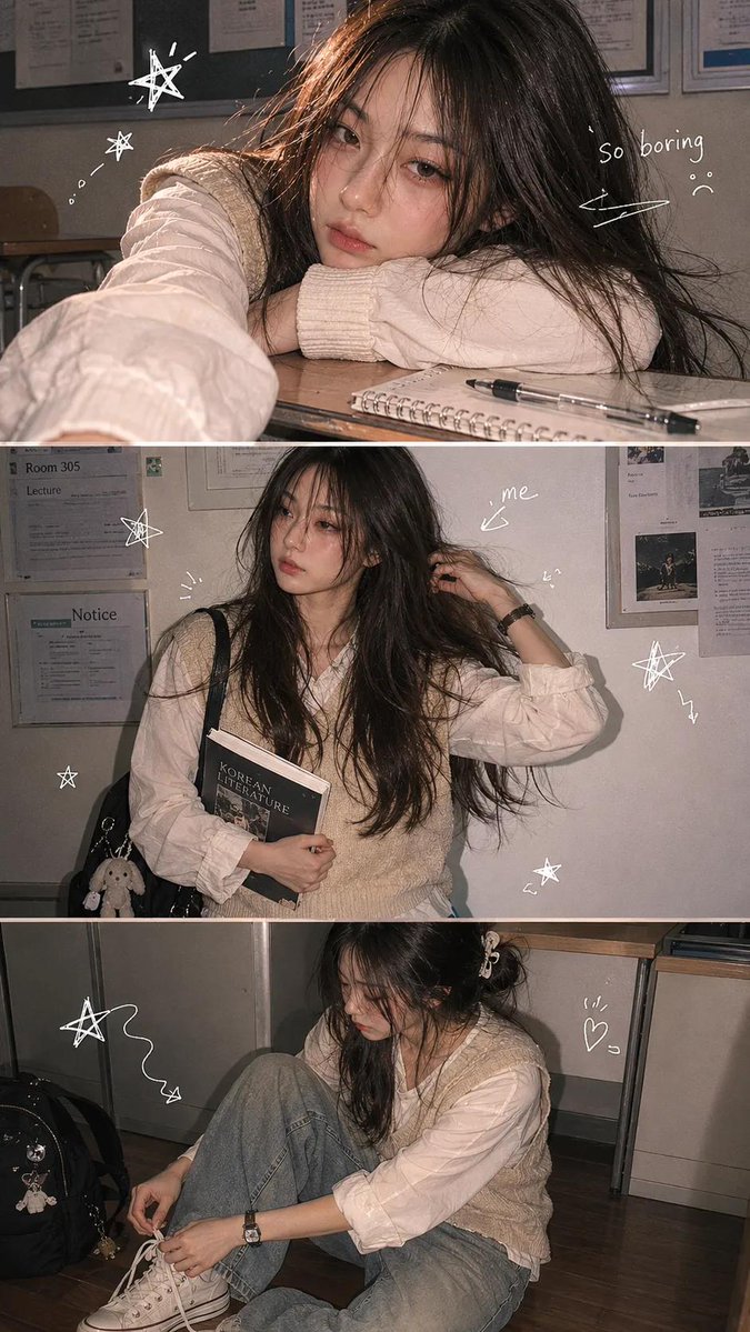 一张竖版三宫格的大学照片条。主角是一位长发女孩,穿着米色针织背心。第一格(顶部):特写,她把下巴搁在课桌上,看起来很无聊。第二格(中间):她靠…, 图片 2