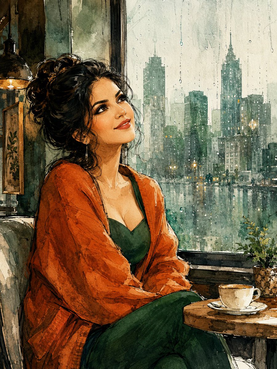 精美水彩插画:一位年轻女性坐在温馨的咖啡馆里,身旁是一扇覆盖着雨水的巨大窗户,她抬头仰望,神情梦幻而充满希望。深色头发优雅地盘成松散随意的发髻…, 图片 1