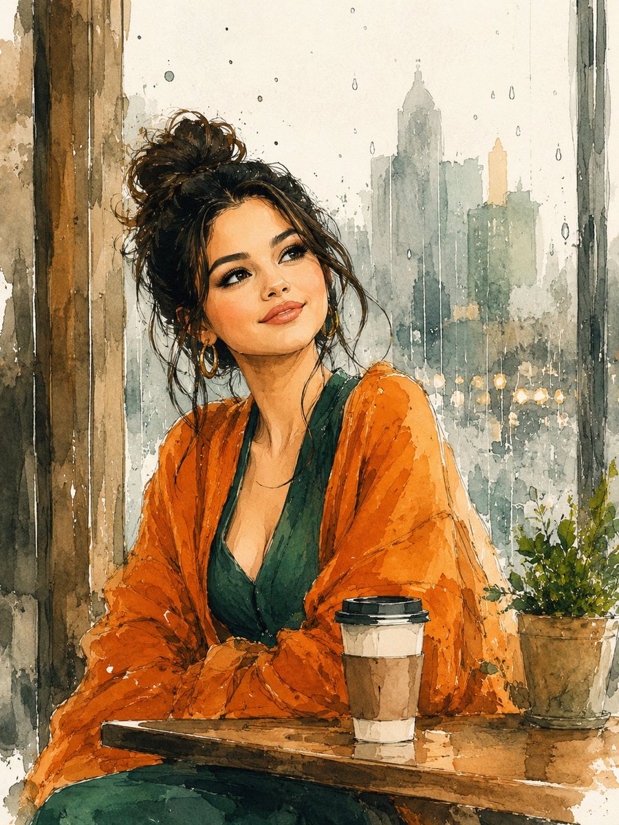 精美水彩插画:一位年轻女性坐在温馨的咖啡馆里,身旁是一扇覆盖着雨水的巨大窗户,她抬头仰望,神情梦幻而充满希望。深色头发优雅地盘成松散随意的发髻…, 图片 2