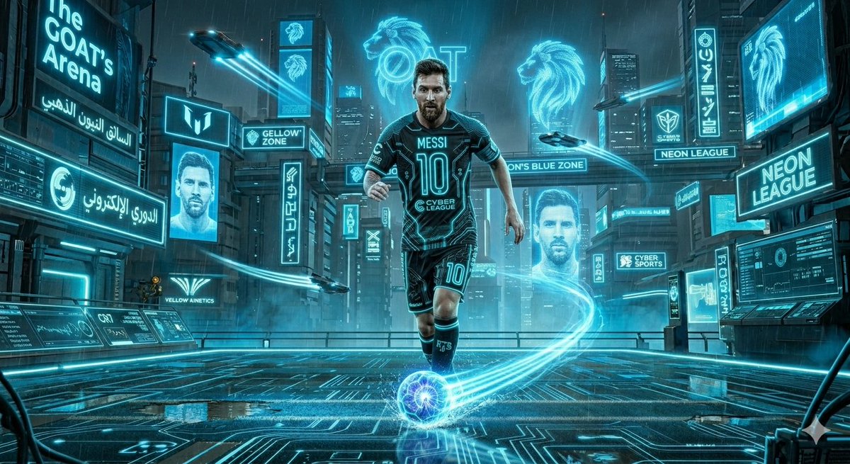 一个电影级、超写实的赛博朋克足球场景，设定在夜晚一座广阔、雨后湿滑的未来主义大都市中。环境特征包括：覆盖着巨大发光霓虹广告牌、带有全息显示的摩…, 图片 1
