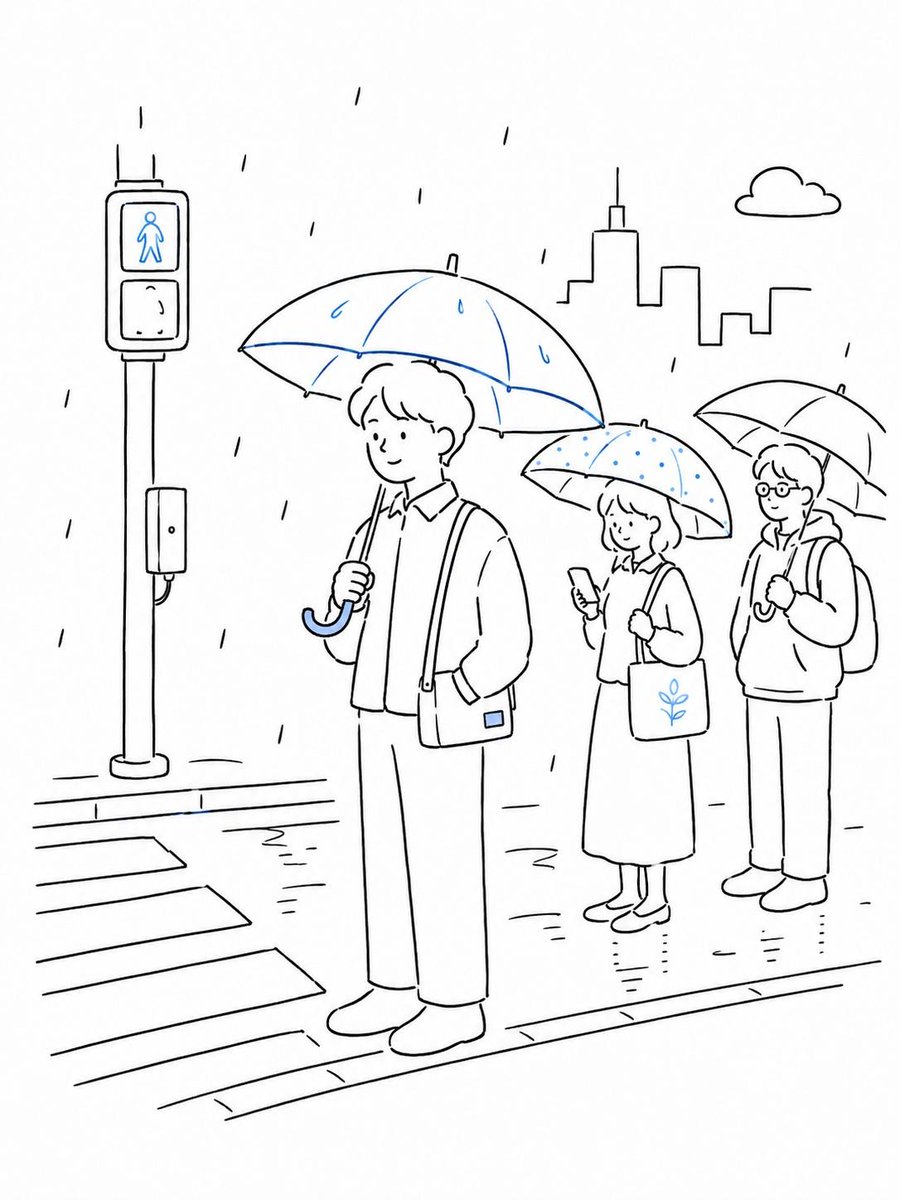 极简黑白矢量线条艺术插画,现代日韩编辑风格。简洁的连续细线条轮廓,白色背景,友好的角色搭配柔和圆润的特征,日常都市生活场景。一群通勤者在细雨中…, 图片 3