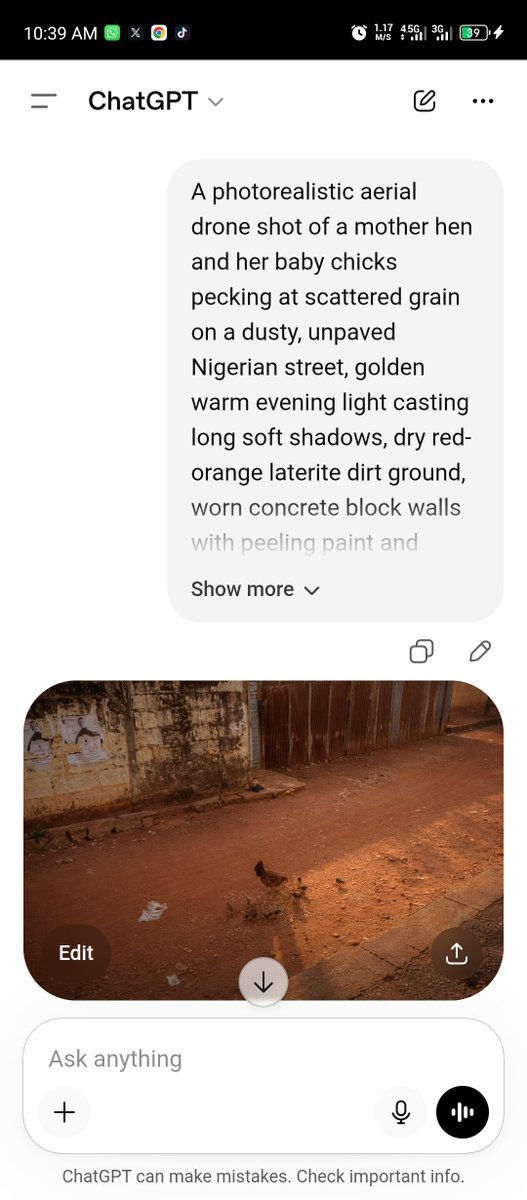 一张照片写实风格的无人机航拍镜头:一只母鸡带着一群小鸡在尘土飞扬、未经铺设的尼日利亚街道上啄食散落的谷粒,金色温暖的傍晚光线投下长长的柔和阴影…, 图片 1