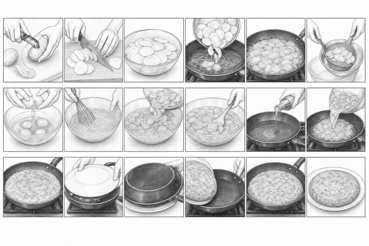 西班牙土豆煎蛋饼(tortilla de patatas)烹饪故事板,18格分步食谱插图,逼真石墨铅笔画,单色灰度,专业烹饪故事板。仅展示手部…, 图片 1