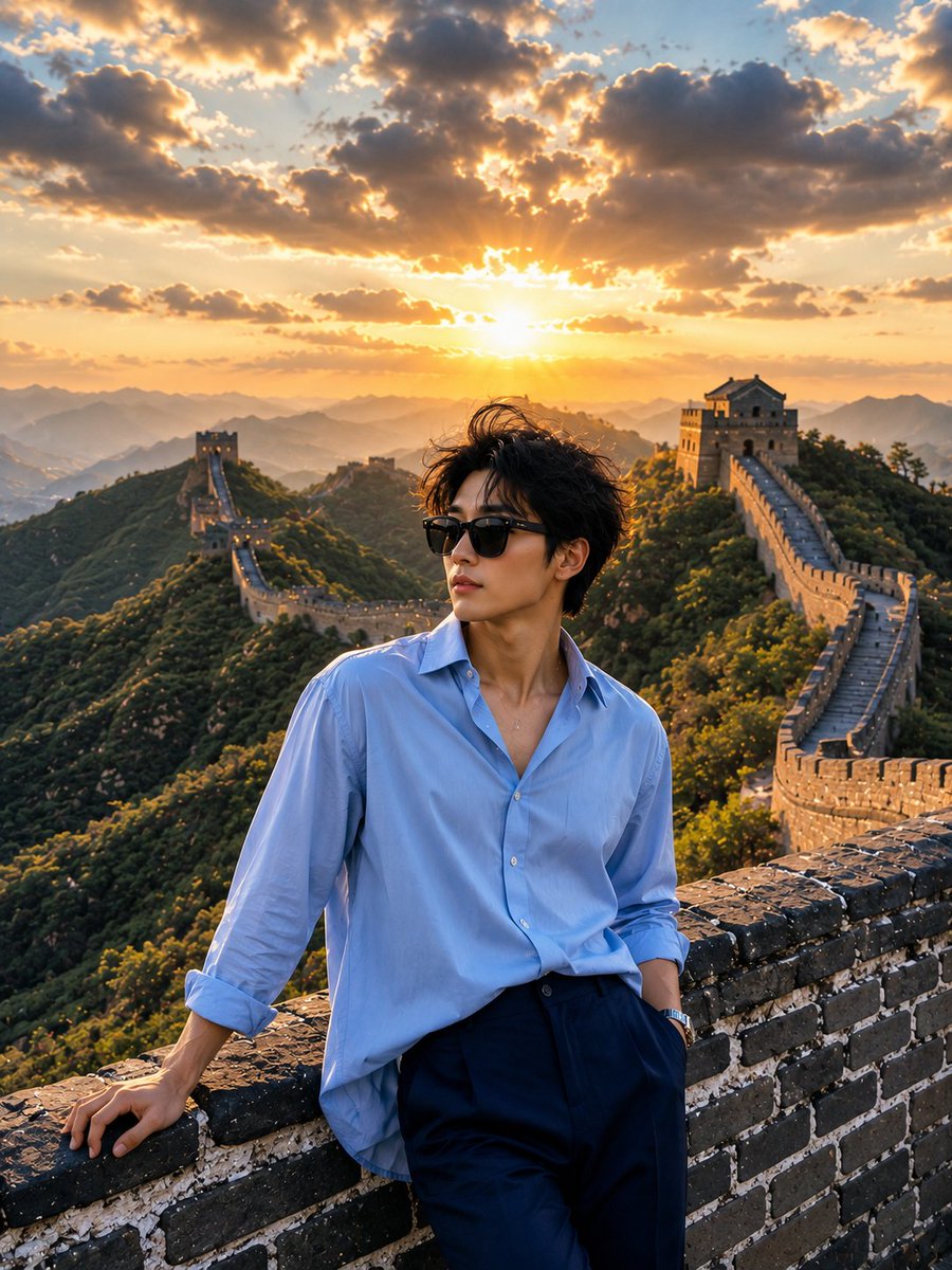 超写实的旅行摄影:一位时尚年轻女性在黄金时刻日落时分站立在中国长城上,随意倚靠在古老的石头女墙上。她戴着超大号黑色墨镜,身穿宽松的浅蓝色纽扣衬…, 图片 1