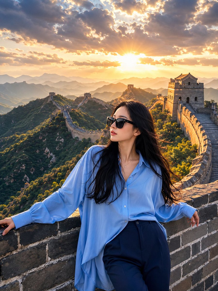 超写实的旅行摄影:一位时尚年轻女性在黄金时刻日落时分站立在中国长城上,随意倚靠在古老的石头女墙上。她戴着超大号黑色墨镜,身穿宽松的浅蓝色纽扣衬…, 图片 2