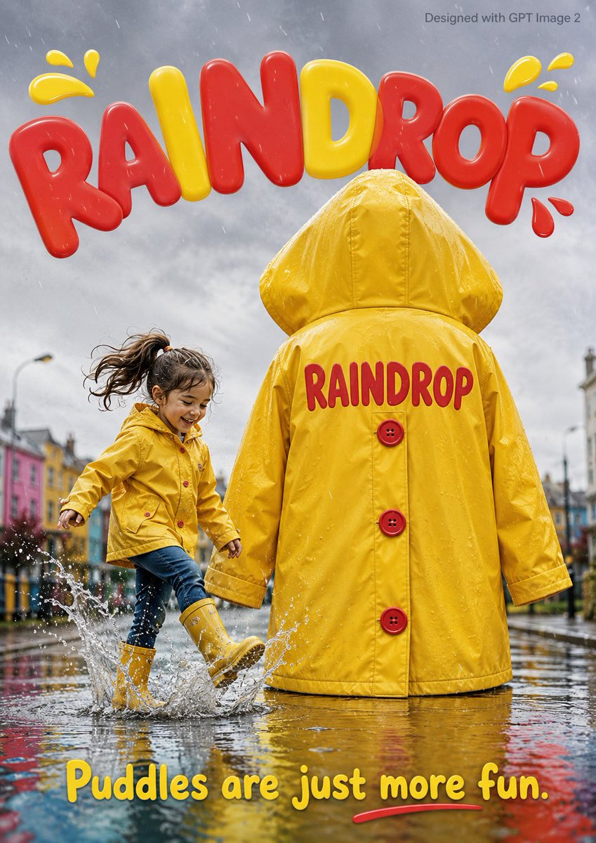 一张可爱的雨天儿童广告海报。一个5岁的可爱小女孩穿着黄色雨靴在一个水坑里嬉水,旁边是一件有她3倍高的巨大亮黄色雨衣,上面有大颗的红色纽扣,背面…, 图片 1