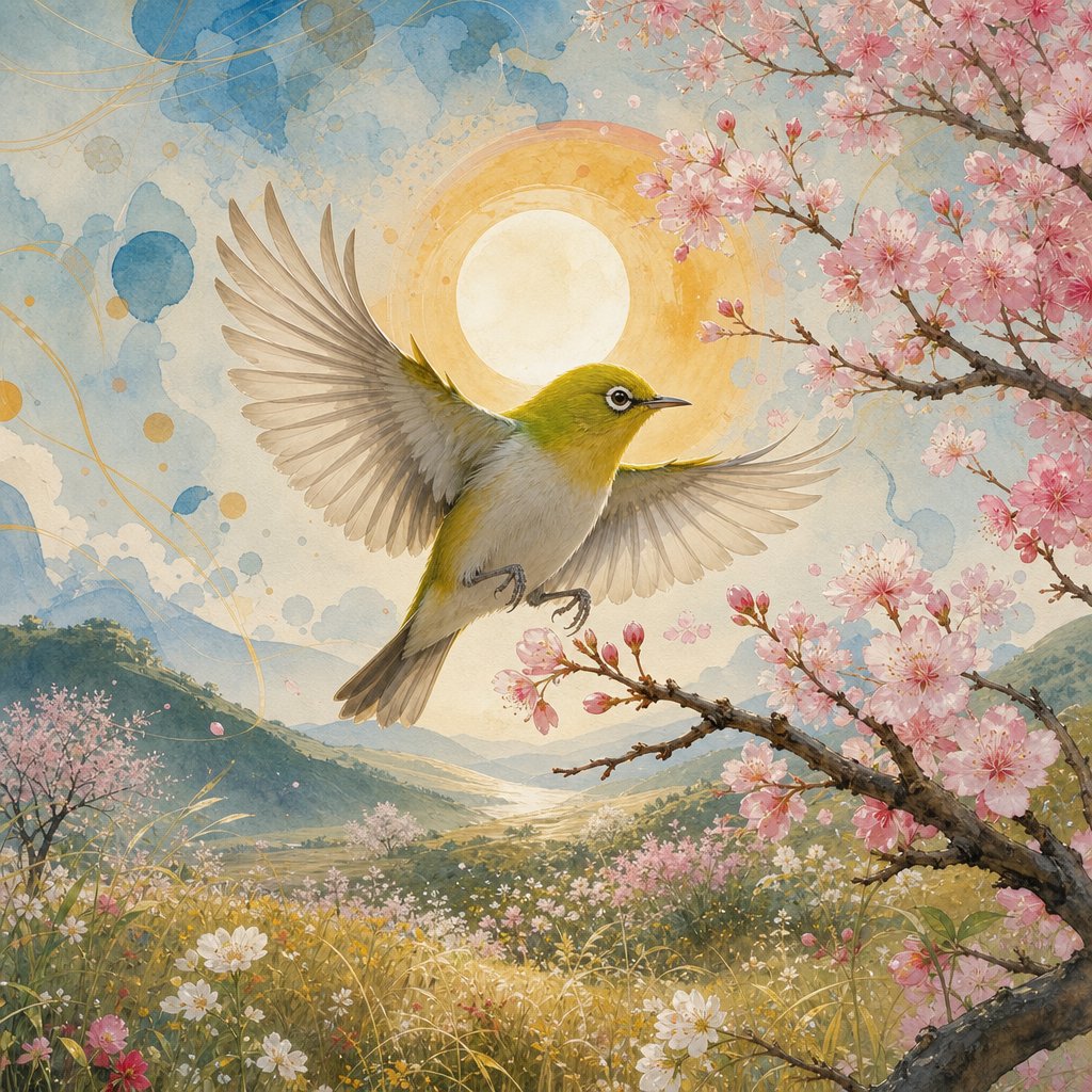超精细的日本绣眼鸟(Japanese white eye bird)正展翅飞翔,翅膀大幅张开,准备停落在樱花树枝上,居中映衬在质感柔和的浅蓝色…, 图片 1