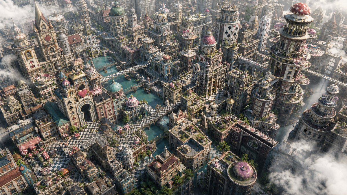 创建一张高细节的 16:9 航拍地形图像，呈现一个受《爱丽丝漫游奇境》启发的幻想市中心。城市应兼具奇趣、电影感和建筑感：纸牌花色塔楼、棋盘格广…, 图片 1