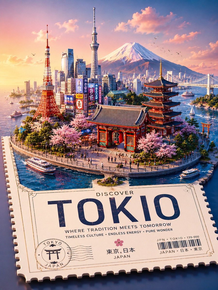 创作一张高级风格化的 3D 等距旅行海报,主题为 [TOKIO],设计为一个漂浮的微型世界,放置在一张大型票根、明信片或邮票平台之上,平台带有…, 图片 2
