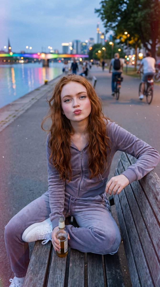 超写实生活方式人像:一位年轻女子留着长长的波浪红发,金色时刻随意地坐在河边的木质长椅上。她身穿柔软的淡紫色天鹅绒运动套装(拉链连帽衫和慢跑裤)…, 图片 1