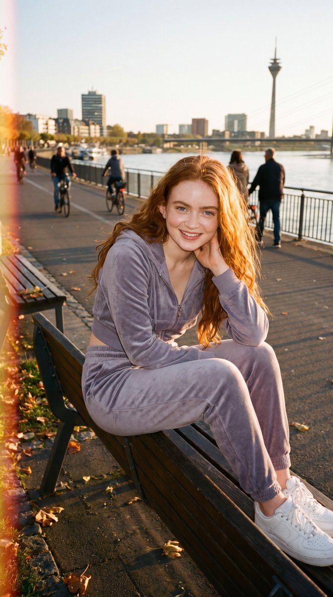 超写实生活方式人像:一位年轻女子留着长长的波浪红发,金色时刻随意地坐在河边的木质长椅上。她身穿柔软的淡紫色天鹅绒运动套装(拉链连帽衫和慢跑裤)…, 图片 2