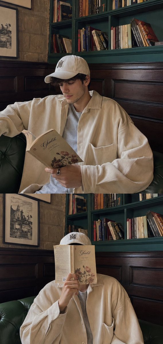 一个年轻男子在装饰风格的咖啡馆/图书馆角落放松的生活拼贴画,室内为青绿色调,搭配复古木质墙板。自然随性的智能手机摄影美学,柔和的日光,逼真的皮…, 图片 1
