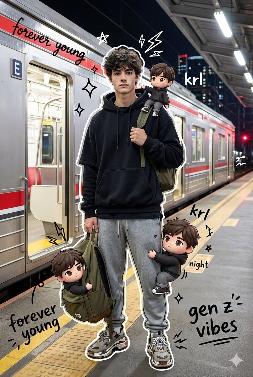 混合媒介肖像：一位时髦的年轻男子夜晚站在 KRL Jabodetabek 通勤线（Commuter Line）站台上。他自信地摆姿势，一只手抓…, 图片 1