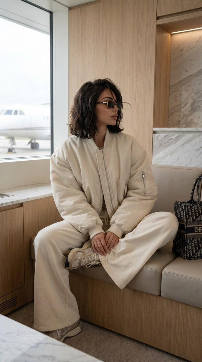 美丽的女性在私人航站楼休息室中等待。超大号米色飞行员夹克,飘逸的阔腿运动裤,设计师运动鞋,奢华托特包,时尚太阳镜。完美的光泽秀发,高端护肤光彩…, 图片 2