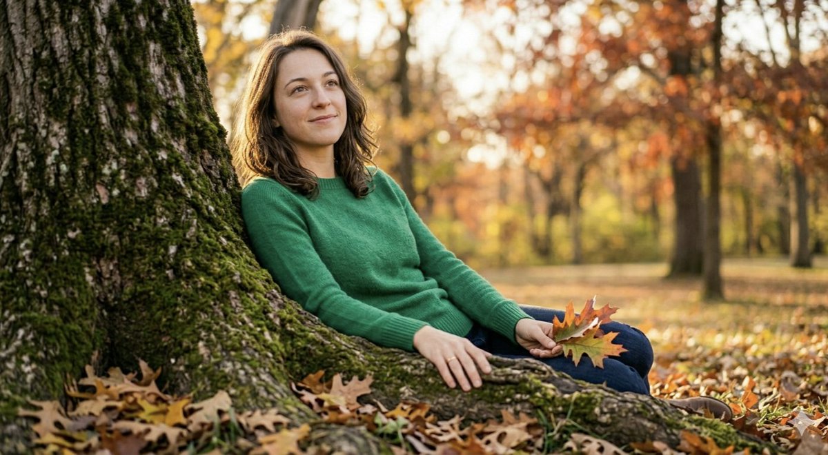 一组温暖的电影感秋季人像照，镜头中的女子留着波浪状的及肩棕色长发，面带柔和微笑，神情温婉。她身穿一件色彩鲜艳的翡翠绿长袖针织衫，搭配深蓝色牛仔…, 图片 3