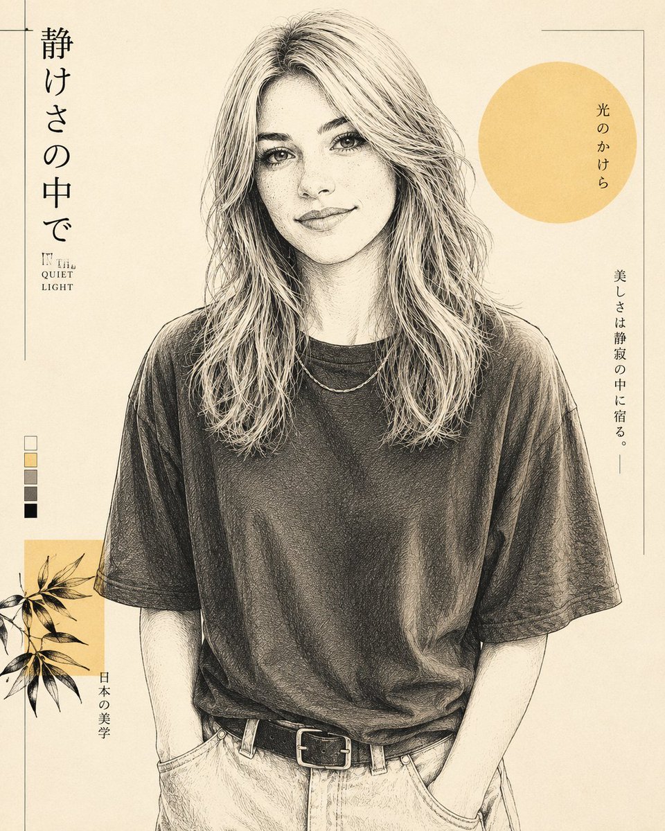 将照片中的人物转化为当代日式线条艺术插画,超精细钢笔墨水画,奶油黄与象牙白配色,极简编辑设计,精致的排线与版画纹理,干净的负空间,独立杂志美学…, 图片 2