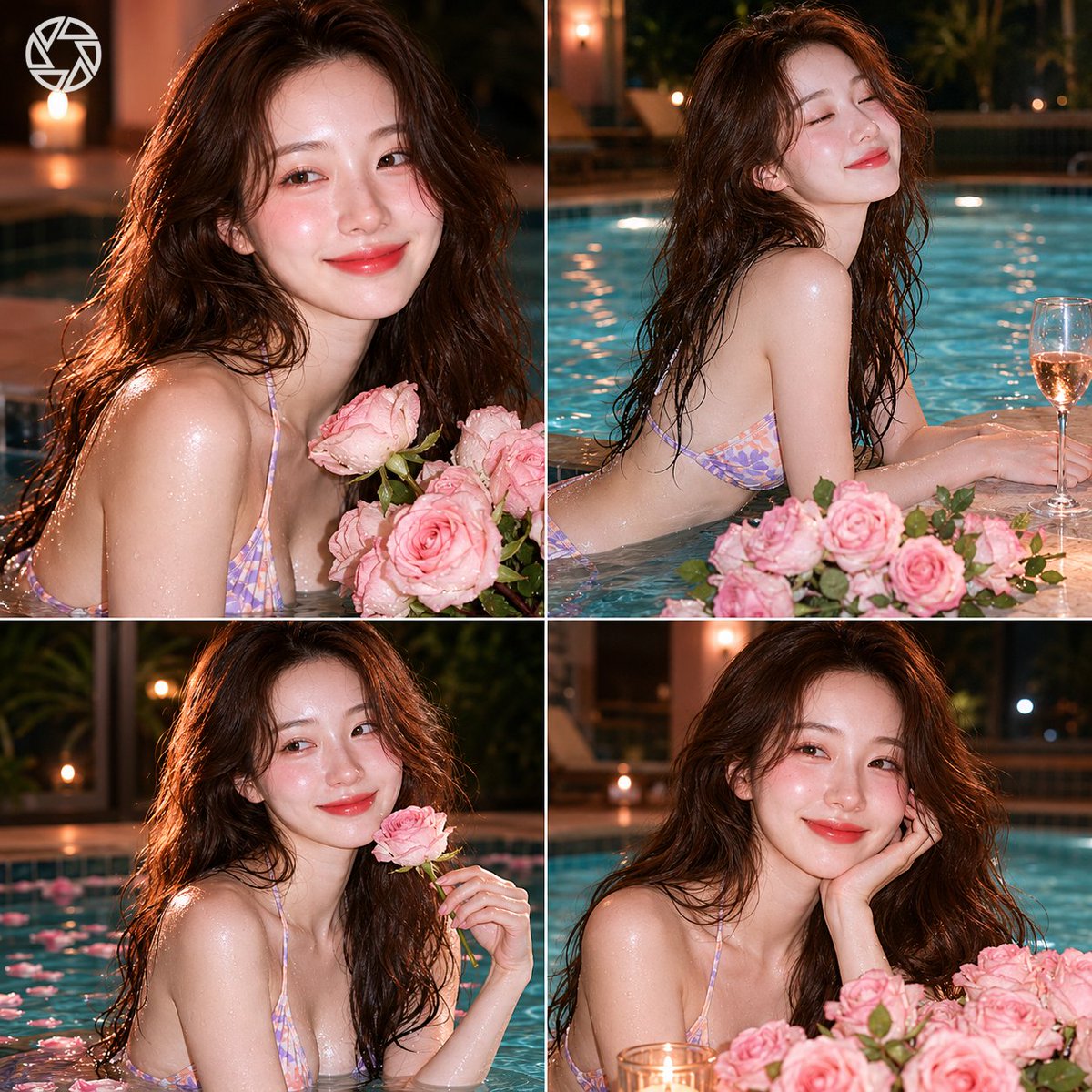 高级四张图片时尚编辑拼贴，采用精致的杂志版式布局。参考女性置身于柔和打光的工作室中，周围环绕着淡粉色玫瑰，自然窗光洒入。每个画面捕捉不同的姿态…, 图片 1