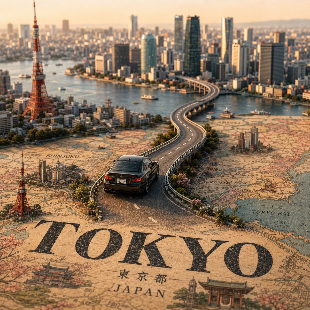 创建一个高度精细的电影感微缩移轴旅行场景，主题城市为 [CITY NAME]，其中包含一辆写实的 [VEHICLE NAME] 正行驶在一条蜿…, 图片 2