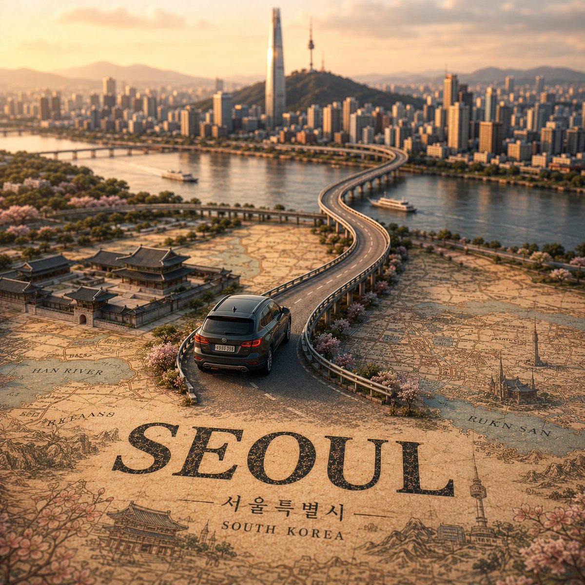 创建一个高度精细的电影感微缩移轴旅行场景，主题城市为 [CITY NAME]，其中包含一辆写实的 [VEHICLE NAME] 正行驶在一条蜿…, 图片 3
