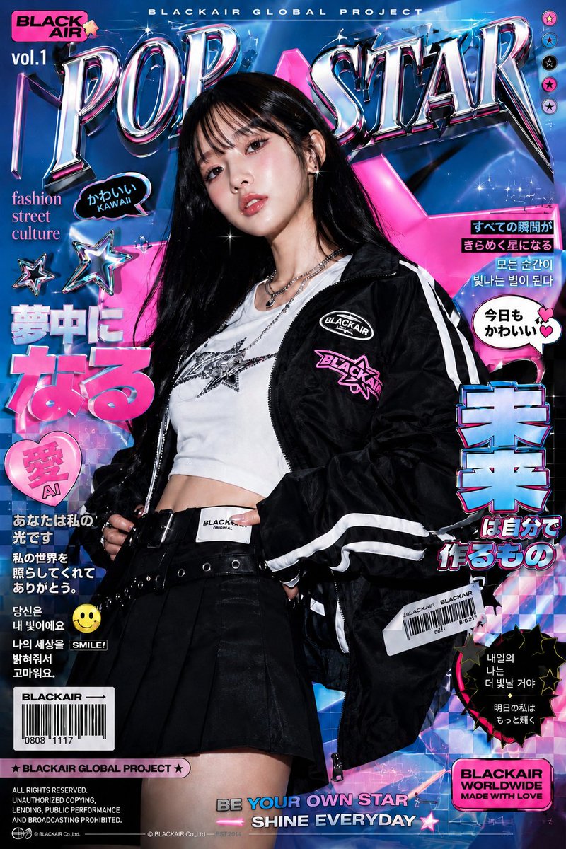 超风格化的高端时尚编辑海报,画面中央是一位自信的年轻亚洲女模,姿态优雅,皮肤光泽透亮,柔和水润妆容,丝滑黑色长发配轻盈碎刘海,身着潮流韩风街头…, 图片 4