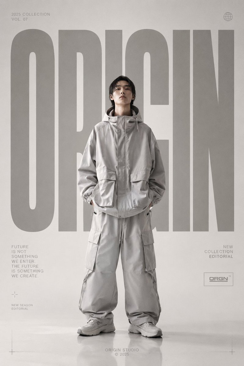 高端时尚编辑风格海报，品牌为 [BRAND NAME]，全身时尚模特居中，超大码奢华街头服饰造型，干净对称的姿态，真实的时尚摄影，柔和的影棚灯…, 图片 1