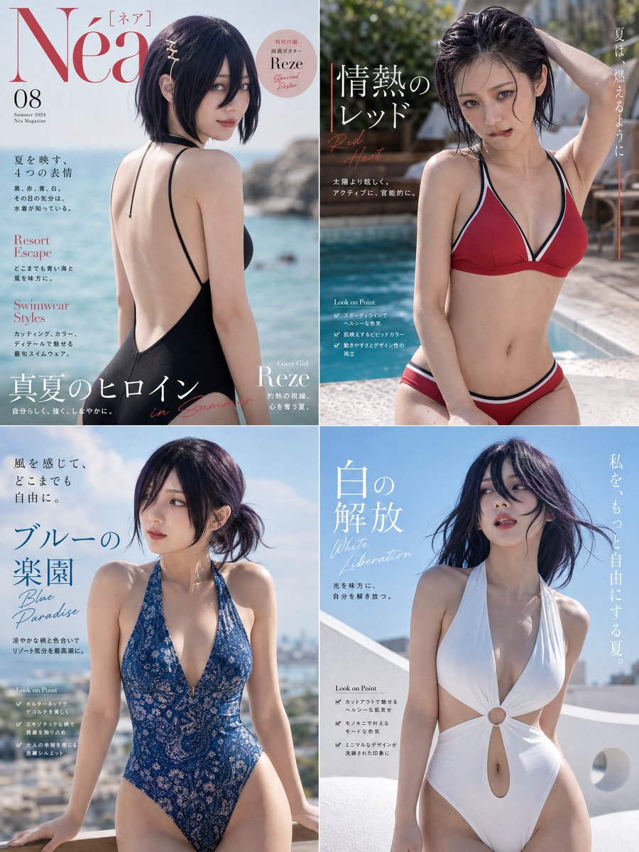 生成一份约 4 页的泳装时尚杂志版面,以【Name】作为主模特,采用真人 cosplay 风格。, 图片 2