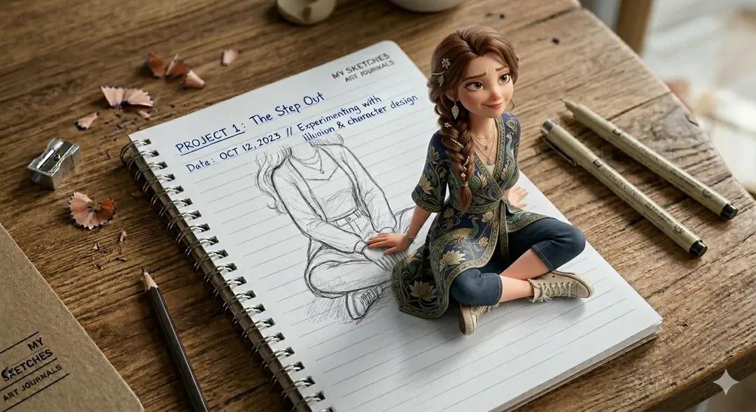 一个富有创意的3D错觉艺术作品，画面中一个可爱的年轻女孩从放在木桌上的螺旋装订笔记本页面中浮现。笔记本上显示着带有横线的纸张，顶部有手写文字。…, 图片 1