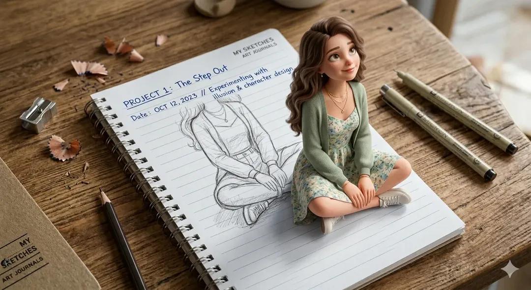 一个富有创意的3D错觉艺术作品，画面中一个可爱的年轻女孩从放在木桌上的螺旋装订笔记本页面中浮现。笔记本上显示着带有横线的纸张，顶部有手写文字。…, 图片 2