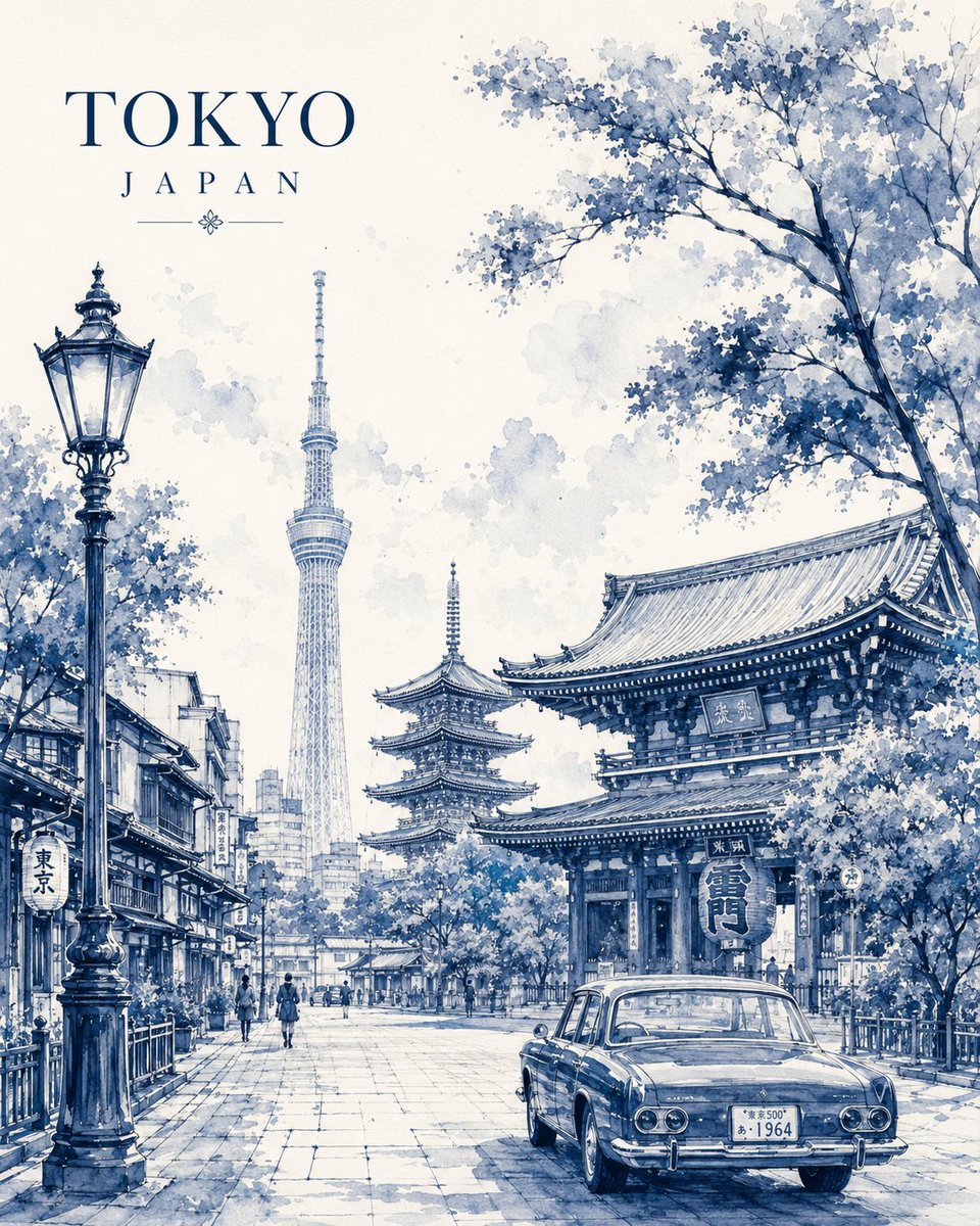 极简复古水彩旅行海报插画，描绘[CITY NAME]，[COUNTRY]，完全以优雅的单色[COLOR]水彩与精细的墨线笔触呈现。, 图片 1