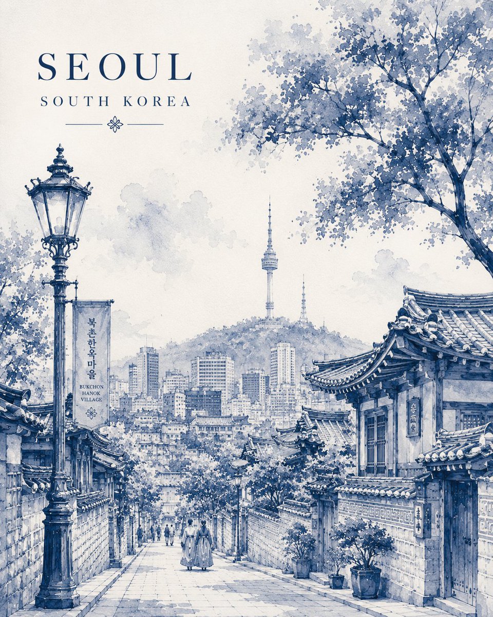 极简复古水彩旅行海报插画，描绘[CITY NAME]，[COUNTRY]，完全以优雅的单色[COLOR]水彩与精细的墨线笔触呈现。, 图片 2