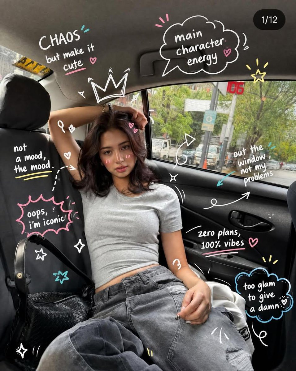 一张超写实的潮流美学肖像照:一位时尚年轻女子白天随意地坐在汽车后座,姿态放松自信,一只手臂搭在头顶上方,表情柔和自然。她留着齐肩的深色波浪卷发…, 图片 1