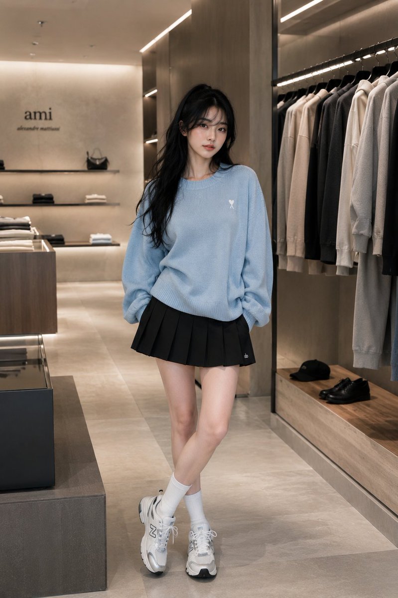 一张全身时尚编辑大片摄影，照片中的美丽年轻女性与参考图外貌一致：光泽柔顺的深色长发、柔和的刘海、白皙肤色、精致女性化五官。她随意站立在一间高端…, 图片 1