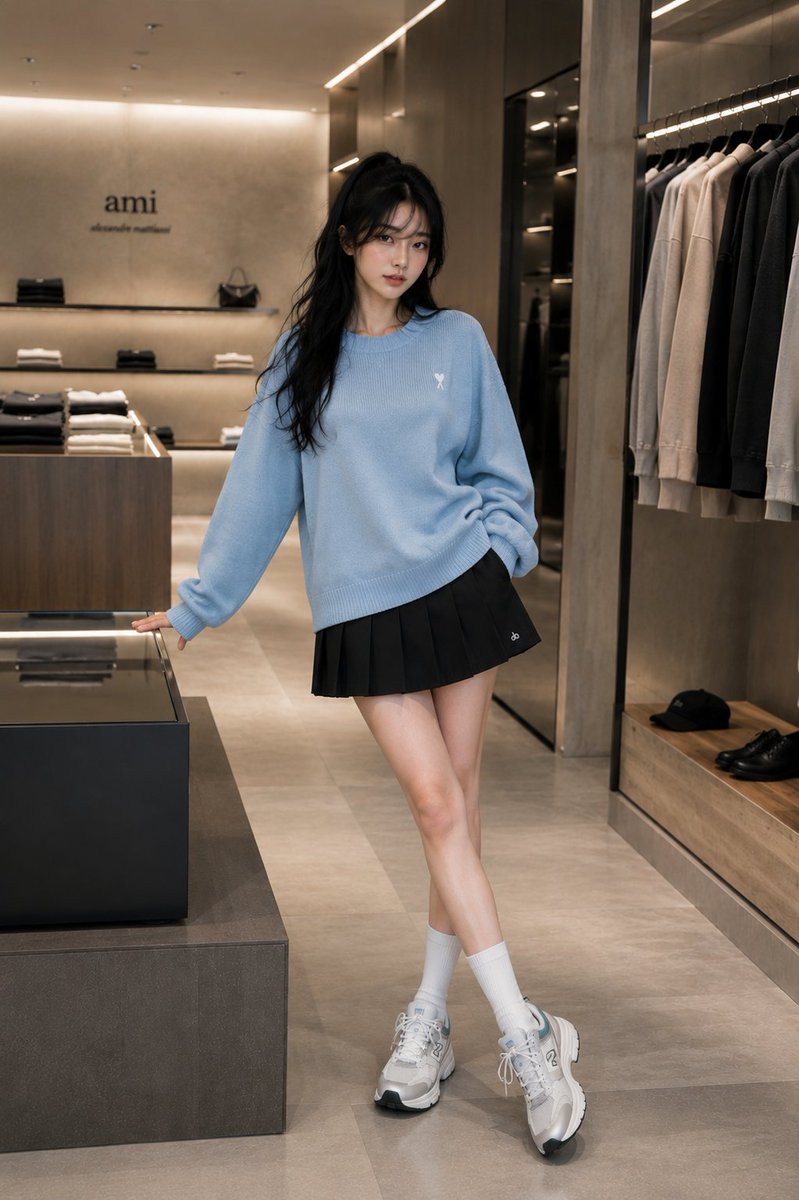 一张全身时尚编辑大片摄影，照片中的美丽年轻女性与参考图外貌一致：光泽柔顺的深色长发、柔和的刘海、白皙肤色、精致女性化五官。她随意站立在一间高端…, 图片 2