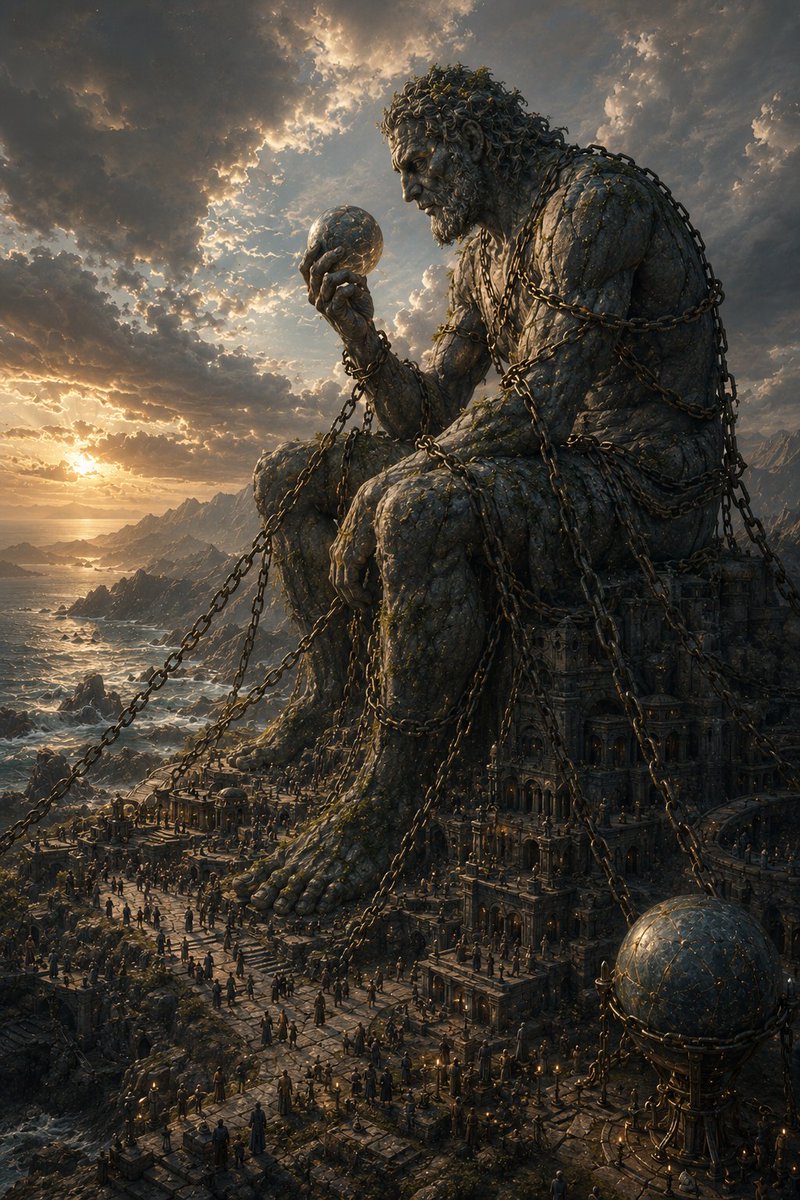 一座庞大的沉思泰坦,盘踞于古老的海岸文明之上,巨大的锁链将巨人连接到宏伟的建筑与地貌之中,巨人手托天体之球,俯瞰辽阔的宜居世界,风化如石般的皮…, 图片 1