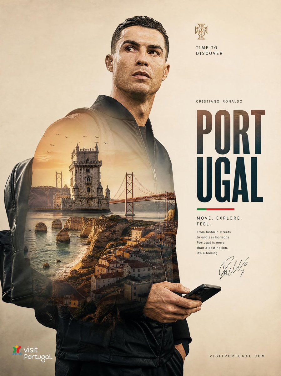 超高端旅游海报,主角为克里斯蒂亚诺·罗纳尔多(Cristiano Ronaldo),采用精致的双重曝光风格设计。一幅高度精细的电影感肖像画:克…, 图片 1
