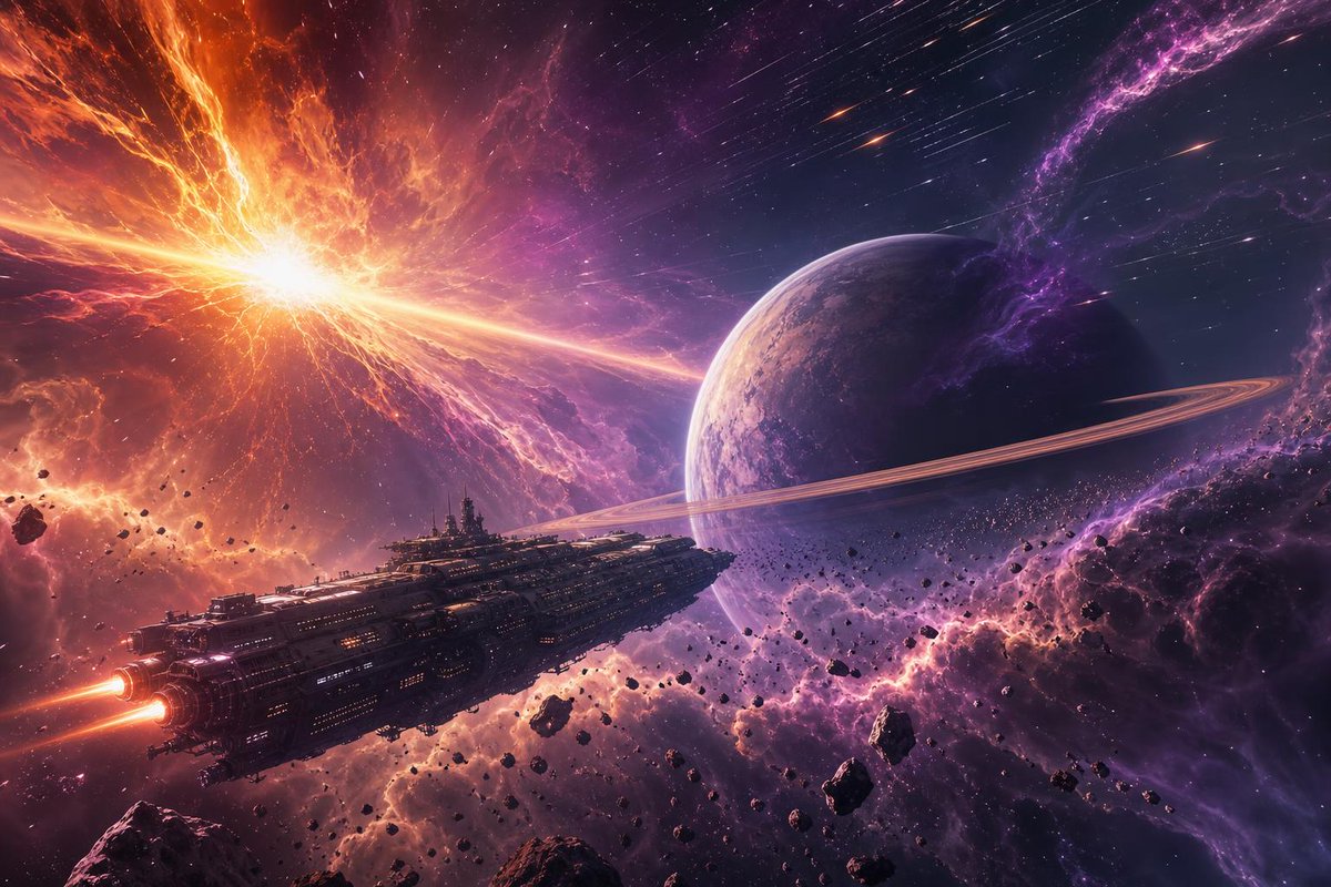 一艘巨大的飞船在令人叹为观止的宇宙景观中漂流,被一团由鲜艳的紫色和橙色组成的旋涡状星云衬托得相形见绌,背景中还有一颗巨大的带环行星若隐若现………, 图片 1