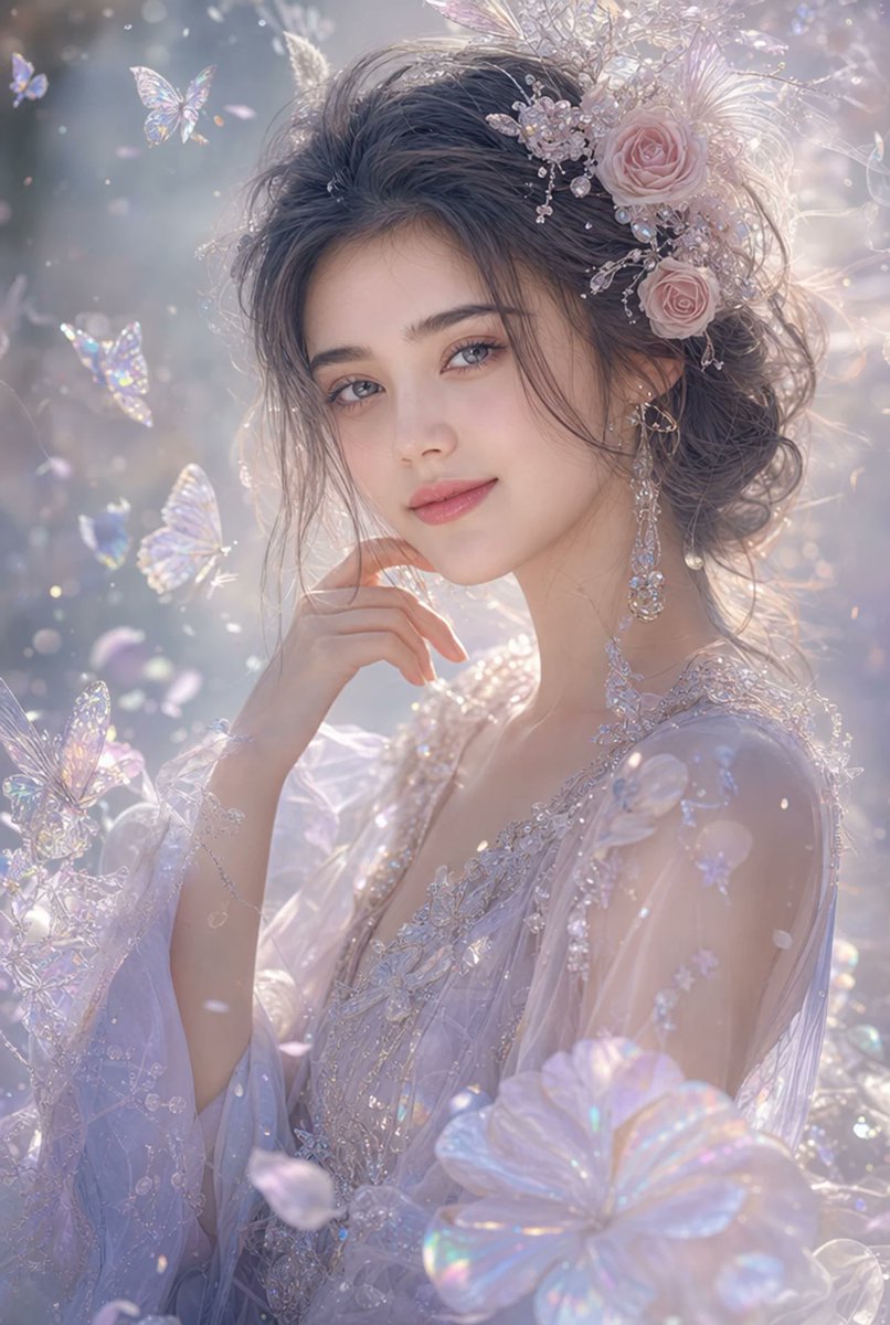 超写实空灵奇幻肖像:一位令人惊艳的年轻女子,拥有细腻瓷感肌肤、柔和灰蓝色眼眸与自然玫瑰色双唇。她带着宁静梦幻的神情温柔望向观看者,指尖轻触下巴…, 图片 2