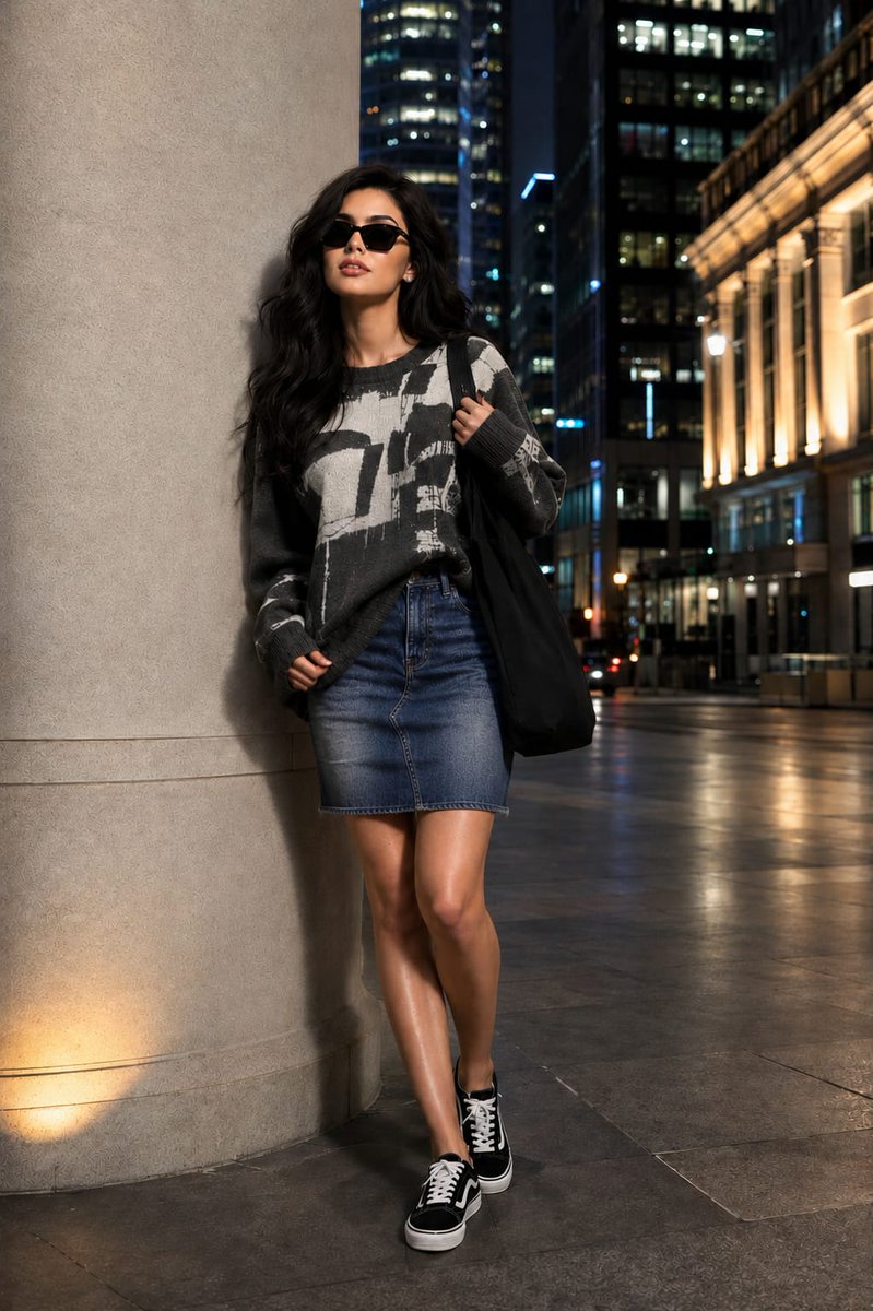 超写实全身时尚编辑大片照片：一位美丽的年轻女性，与参考形象保持相同的面部身份与外貌。她站在日落后高端金融区一根造型简约的石灰岩柱旁，散发出优雅…, 图片 1