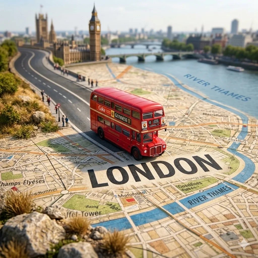 创建一个高度精细的电影感微缩移轴旅行场景，展示 [CITY NAME]（城市名称），画面中有一辆写实的 [VEHICLE NAME]（车辆名称…, 图片 1