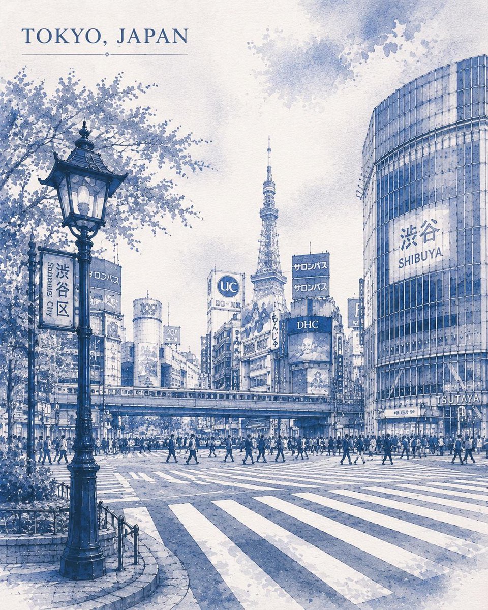 一幅优雅的水彩旅行海报插画，描绘世界著名城市地标，采用钴蓝色与白色的单色调绘制于带有肌理的水彩纸上。细致的建筑景观，包含标志性的街道、历史建筑…, 图片 3