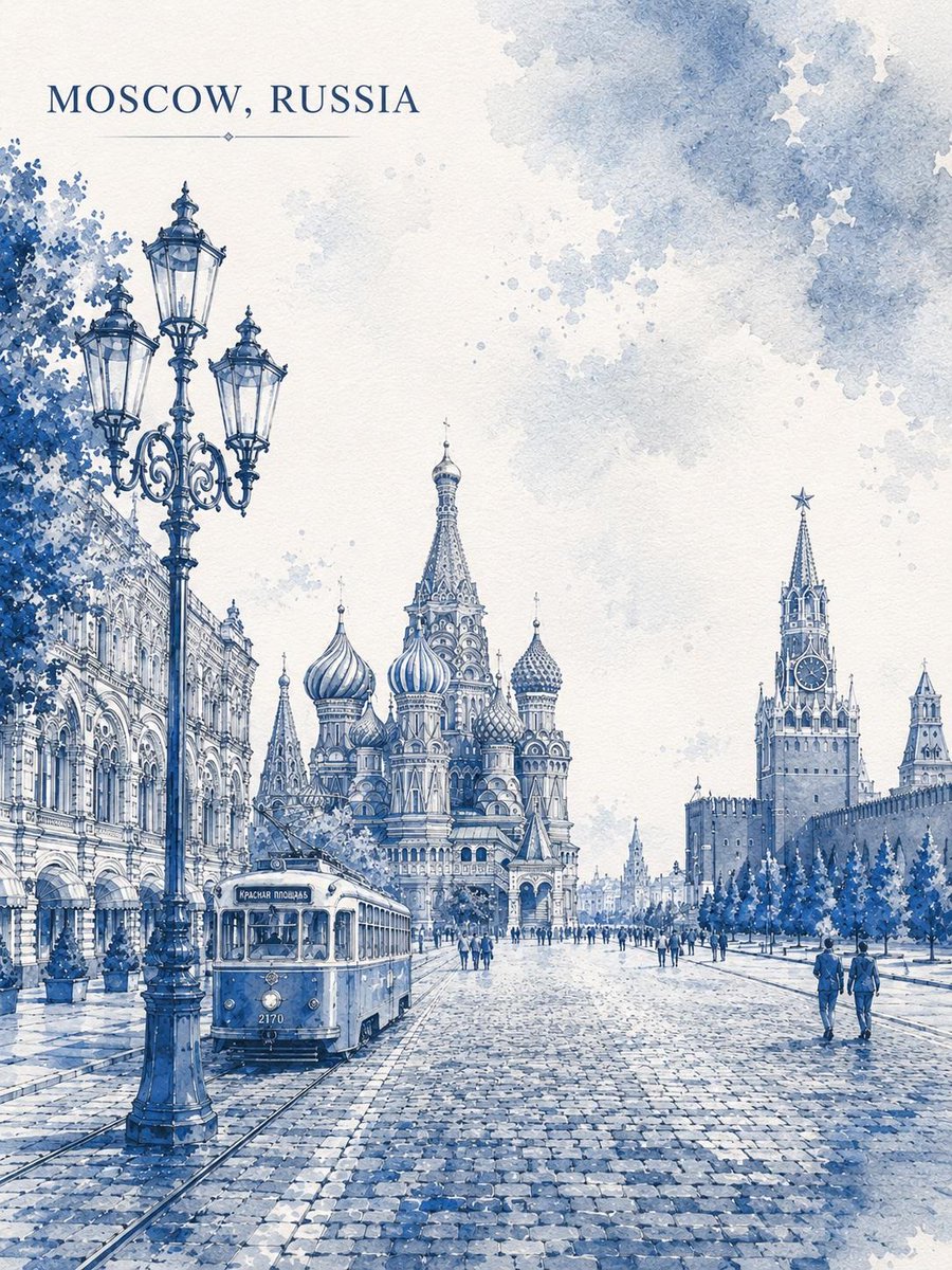 一幅优雅的水彩旅行海报插画，描绘世界著名城市地标，采用钴蓝色与白色的单色调绘制于带有肌理的水彩纸上。细致的建筑景观，包含标志性的街道、历史建筑…, 图片 4