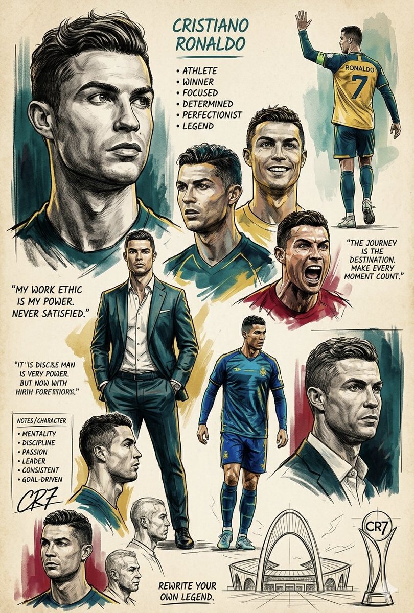 一幅献给足球明星克里斯蒂亚诺·罗纳尔多(Cristiano Ronaldo)的艺术性多面板海报拼贴画，采用复古素描与水彩风格，呈现于带有古旧感…, 图片 1