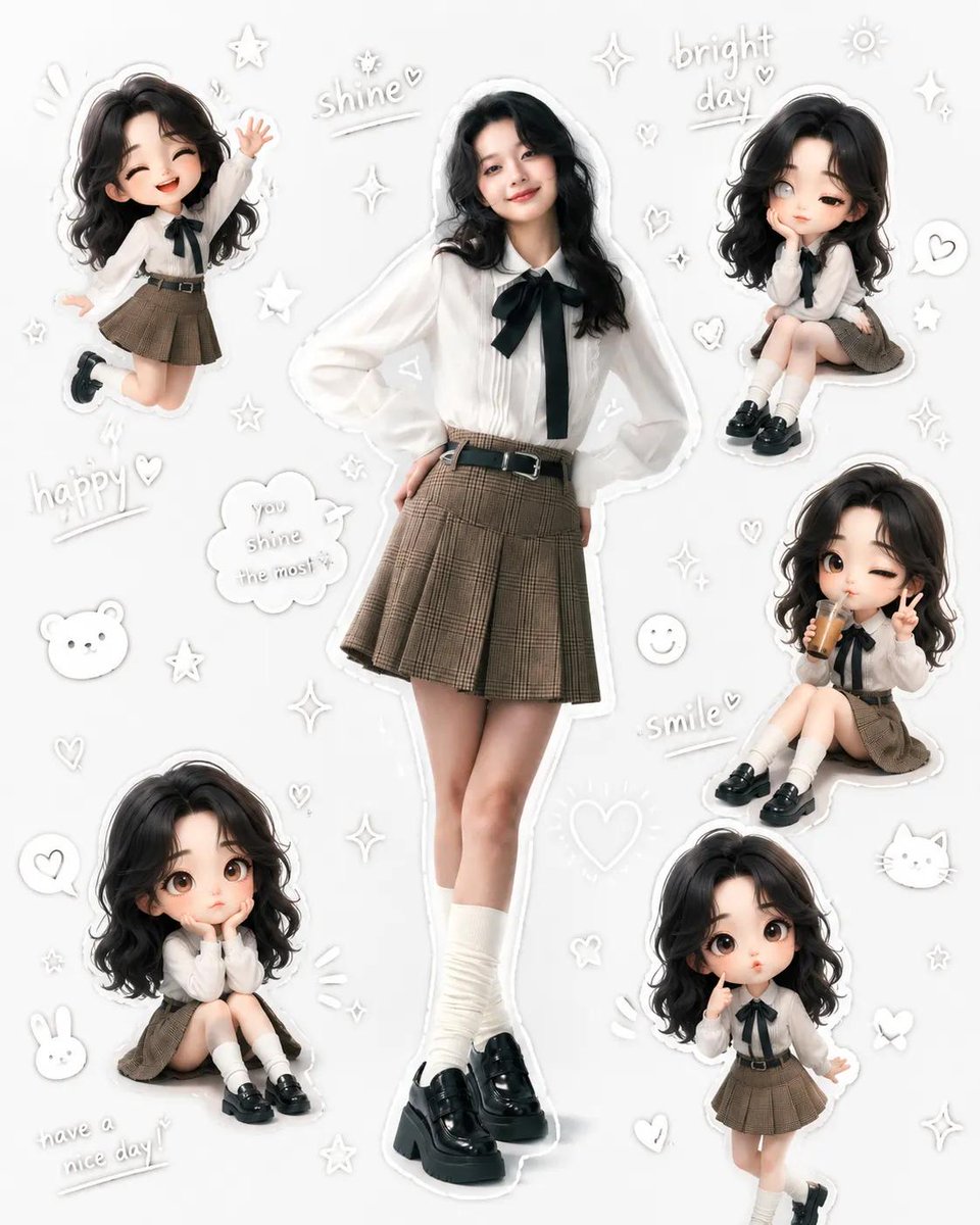 一个超可爱的美学角色拼贴画,画面中有一位美丽的少女,身着柔和的韩风校服,周围环绕着她自己的多个可爱Q版(chibi)小形象,呈现出不同的俏皮姿…, 图片 1