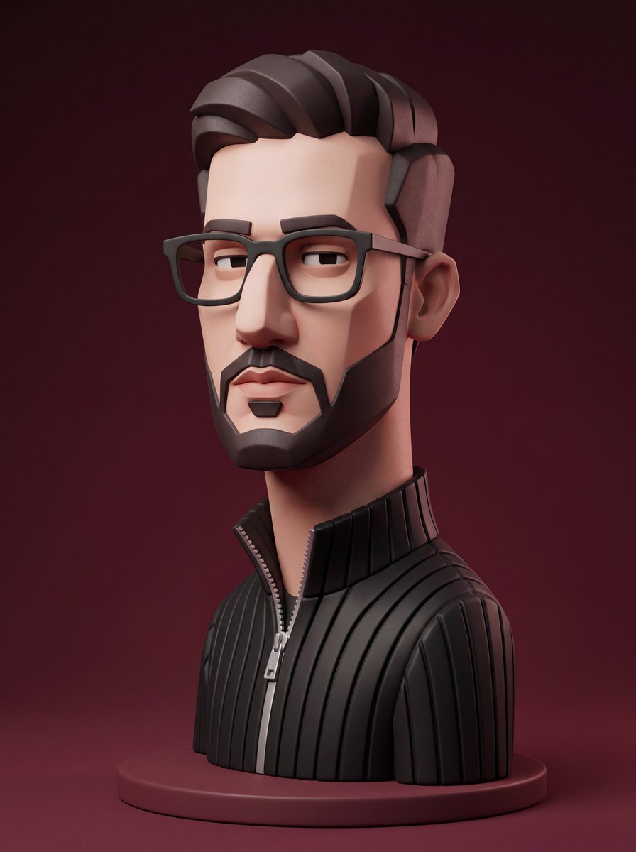 生成一种原创风格化 3D 肖像插画的风格,呈现出收藏级设计师人偶与时尚角色设计的美学。几何化、刻意简化且略带夸张的面部特征:一个大型整体式的鼻…, 图片 2