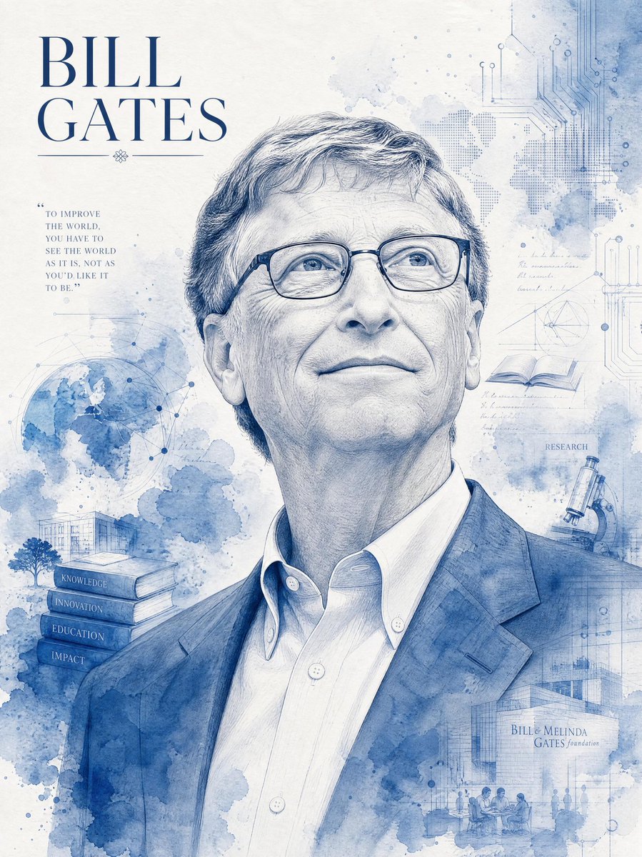 一幅高度精细的单色蓝色水彩与墨水结合的Bill Gates(比尔·盖茨)肖像插画,居中呈现在一张竖版海报构图中。作品呈现为一幅写实而庄重的头肩…, 图片 1